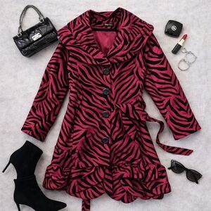 Jerri T Vtg Y2K Red Zebra Print Fit &Flair Poly Lightweight Trench Jacket.